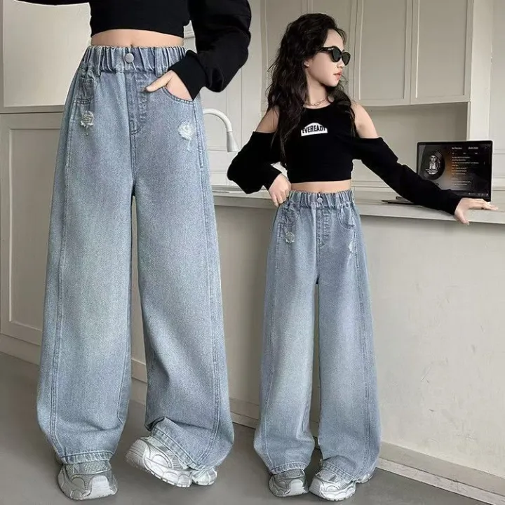 Hf Quần jeans bé gái mùa xuân và mùa thu 2025 phong cách mới trẻ em phong cách phương Tây lỏng lẻo, trung bình đến lớn trẻ em quần ống rộng quần ống đứng