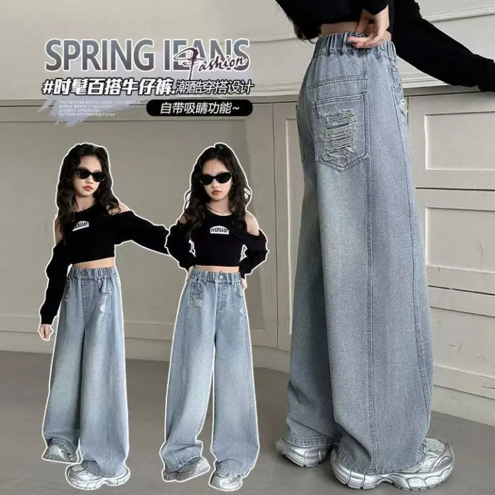 Hf Quần jeans bé gái mùa xuân và mùa thu 2025 phong cách mới trẻ em phong cách phương Tây lỏng lẻo, trung bình đến lớn trẻ em quần ống rộng quần ống đứng