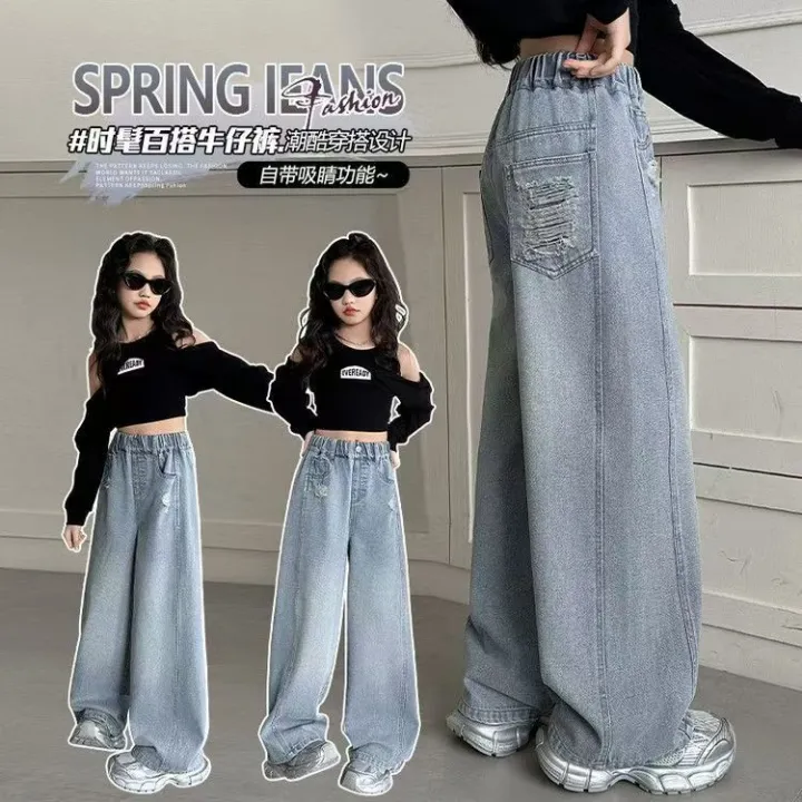 Hf Quần jeans bé gái mùa xuân và mùa thu 2025 phong cách mới trẻ em phong cách phương Tây lỏng lẻo, trung bình đến lớn trẻ em quần ống rộng quần ống đứng