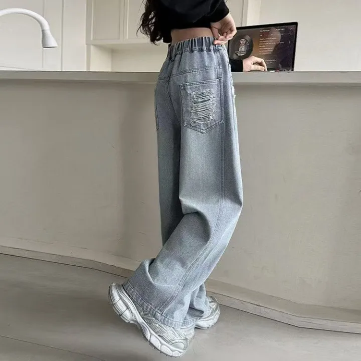 Hf Quần jeans bé gái mùa xuân và mùa thu 2025 phong cách mới trẻ em phong cách phương Tây lỏng lẻo, trung bình đến lớn trẻ em quần ống rộng quần ống đứng
