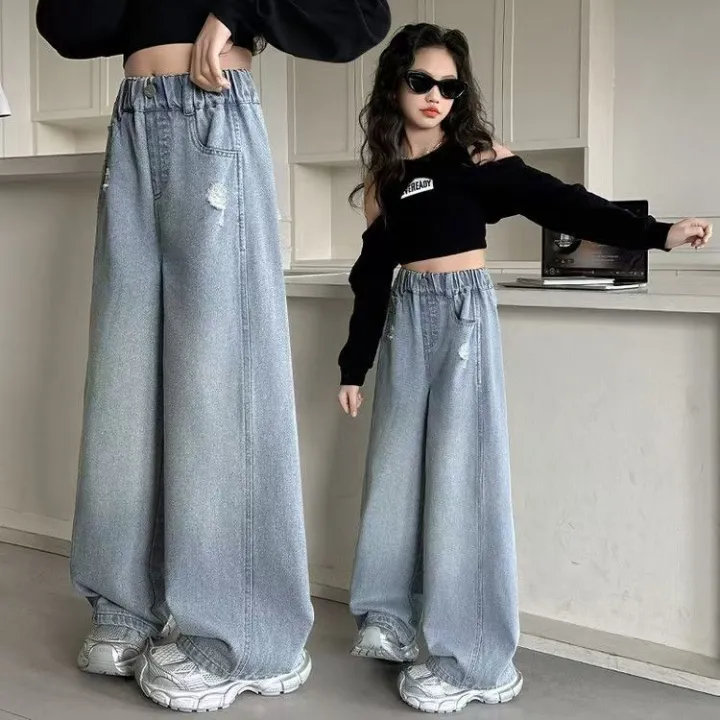Hf Quần jeans bé gái mùa xuân và mùa thu 2025 phong cách mới trẻ em phong cách phương Tây lỏng lẻo, trung bình đến lớn trẻ em quần ống rộng quần ống đứng