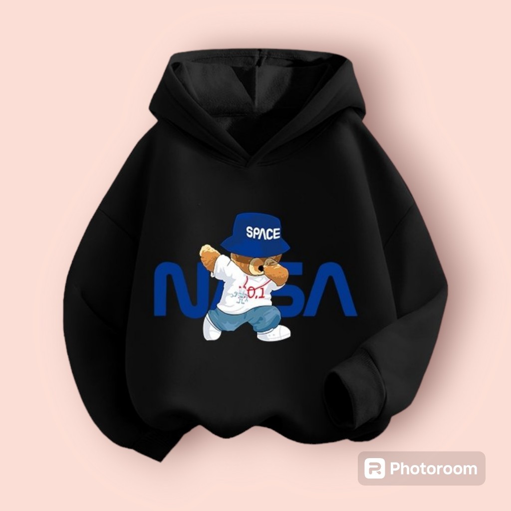 Áo Hoodie Trẻ Em Ép Nhiệt Hình Gấu NASA đơn giản dễ thương dành cho bé, chất vải nỉ cotton mềm mịn