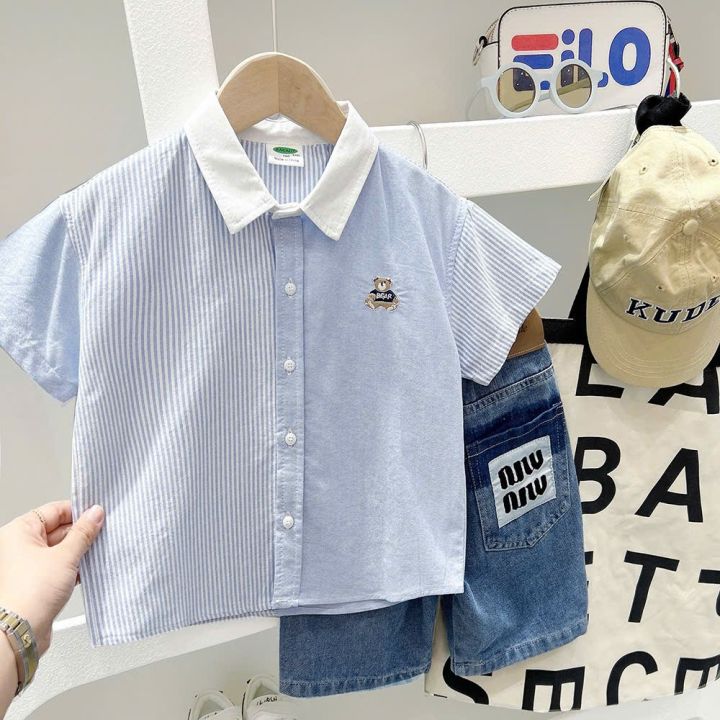 Áo sơ mi ngắn tay bé trai 2-8 tuổi (9-24kg), sơ mi Gấu thêu đơn giản, phong cách Hàn Quốc dễ phối hè 2025 | ĐỨC TRÍ KIDS