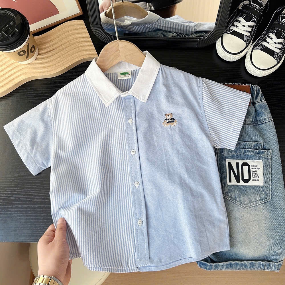 Áo sơ mi ngắn tay bé trai 2-8 tuổi (9-24kg), sơ mi Gấu thêu đơn giản, phong cách Hàn Quốc dễ phối hè 2025 | ĐỨC TRÍ KIDS