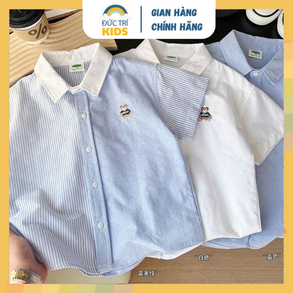 Áo sơ mi ngắn tay bé trai 2-8 tuổi (9-24kg), sơ mi Gấu thêu đơn giản, phong cách Hàn Quốc dễ phối hè 2025 | ĐỨC TRÍ KIDS