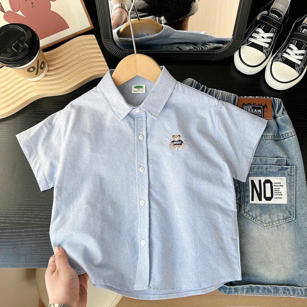 Áo sơ mi ngắn tay bé trai 2-8 tuổi (9-24kg), sơ mi Gấu thêu đơn giản, phong cách Hàn Quốc dễ phối hè 2025 | ĐỨC TRÍ KIDS