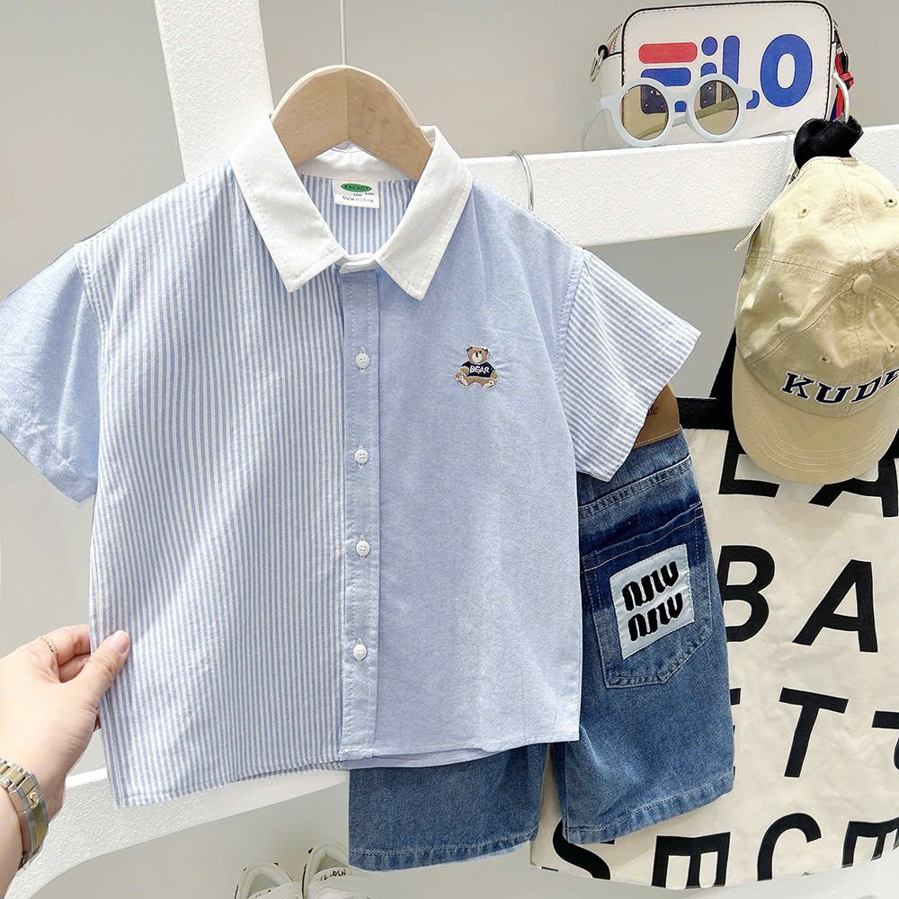 Áo sơ mi ngắn tay bé trai 2-8 tuổi (9-24kg), sơ mi Gấu thêu đơn giản, phong cách Hàn Quốc dễ phối hè 2025 | ĐỨC TRÍ KIDS
