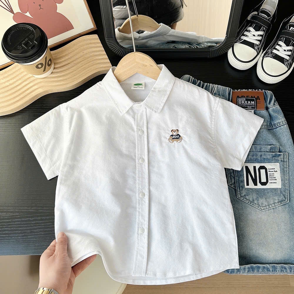Áo sơ mi ngắn tay bé trai 2-8 tuổi (9-24kg), sơ mi Gấu thêu đơn giản, phong cách Hàn Quốc dễ phối hè 2025 | ĐỨC TRÍ KIDS