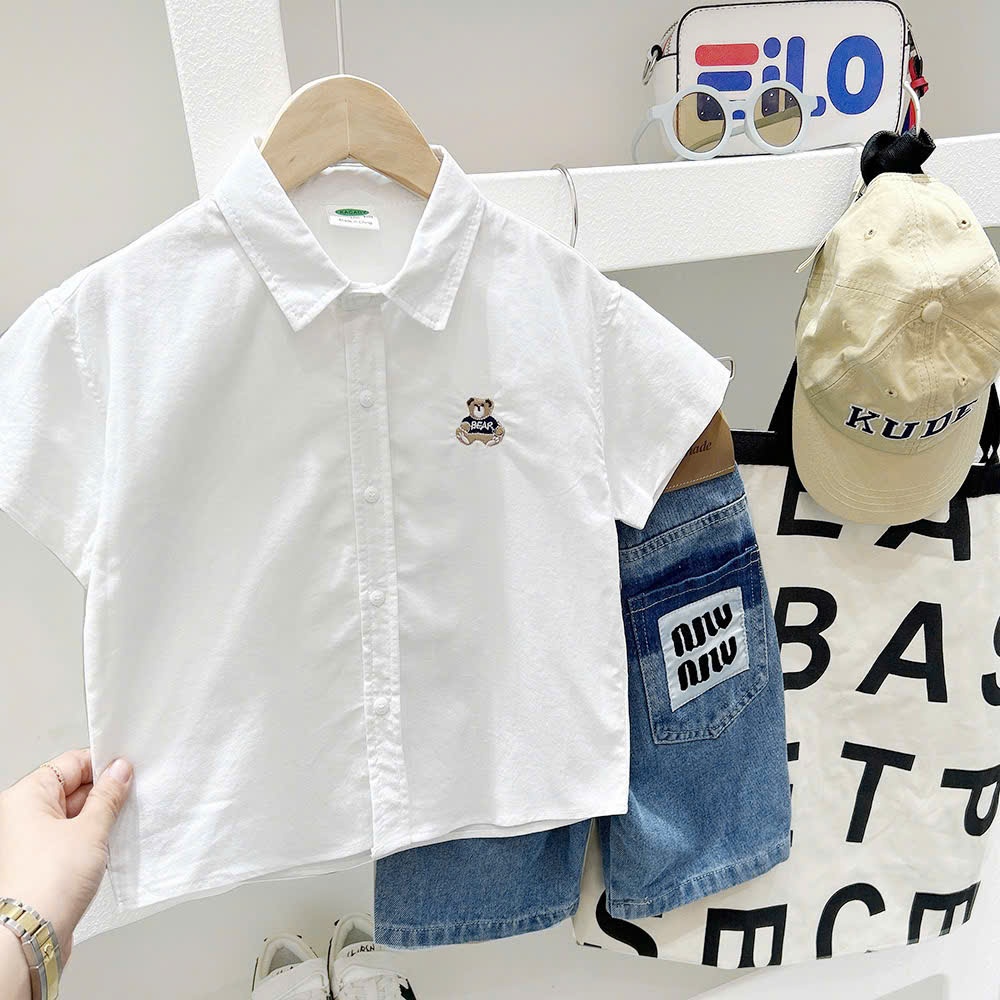 Áo sơ mi ngắn tay bé trai 2-8 tuổi (9-24kg), sơ mi Gấu thêu đơn giản, phong cách Hàn Quốc dễ phối hè 2025 | ĐỨC TRÍ KIDS