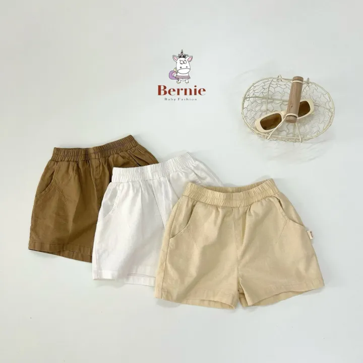 Quần sooc đùi linen kaki mềm bé trai bé gái unisex màu trắng nâu be BERNIE phong cách hàn quốc 7kg đến 30kg