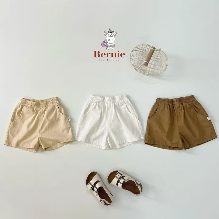Quần sooc đùi linen kaki mềm bé trai bé gái unisex màu trắng nâu be BERNIE phong cách hàn quốc 7kg đến 30kg