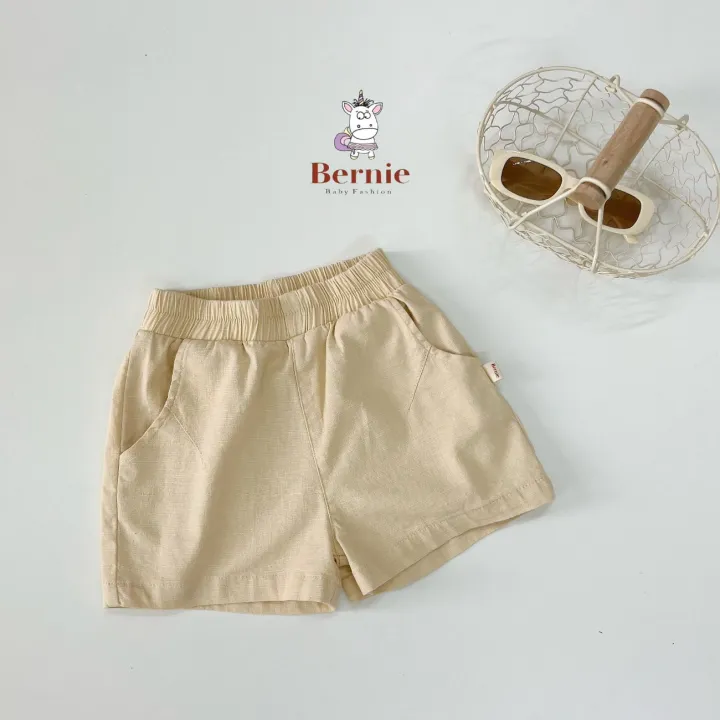 Quần sooc đùi linen kaki mềm bé trai bé gái unisex màu trắng nâu be BERNIE phong cách hàn quốc 7kg đến 30kg