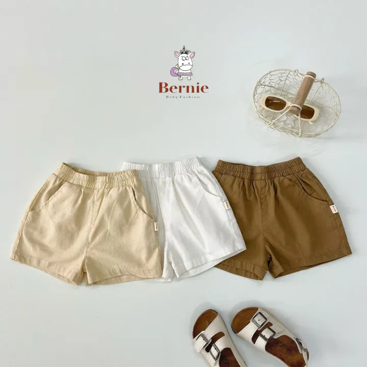 Quần sooc đùi linen kaki mềm bé trai bé gái unisex màu trắng nâu be BERNIE phong cách hàn quốc 7kg đến 30kg