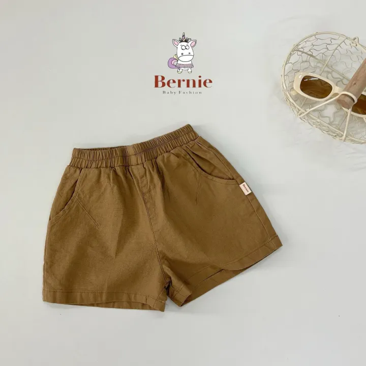 Quần sooc đùi linen kaki mềm bé trai bé gái unisex màu trắng nâu be BERNIE phong cách hàn quốc 7kg đến 30kg
