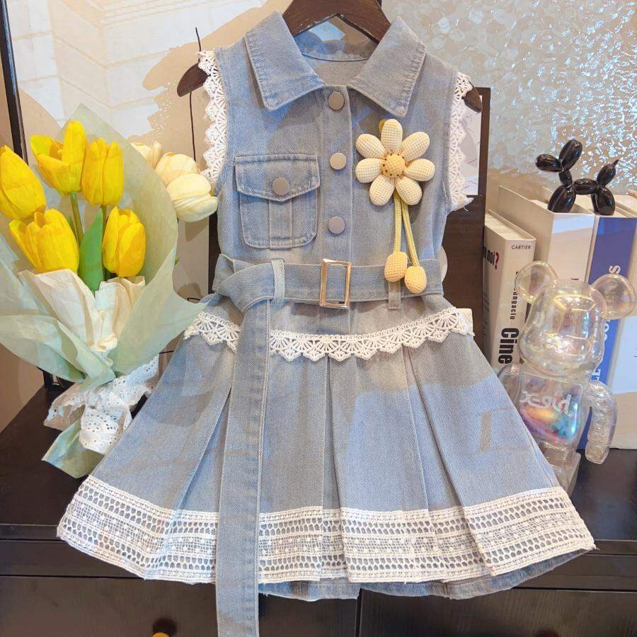 Váy Jean Liền Bé Gái Mùa Hè Thiết Kế Phối Ren