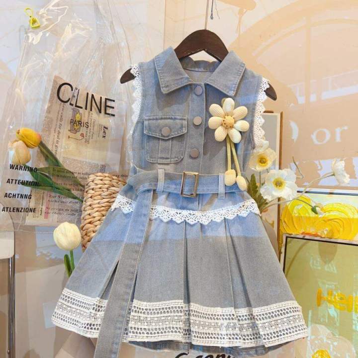 Váy Jean Liền Bé Gái Mùa Hè Thiết Kế Phối Ren
