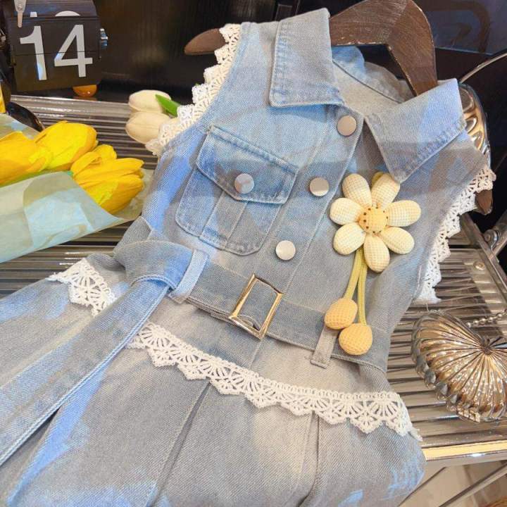Váy Jean Liền Bé Gái Mùa Hè Thiết Kế Phối Ren