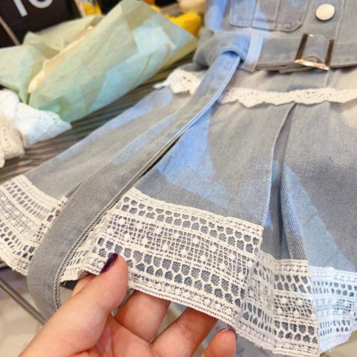 Váy Jean Liền Bé Gái Mùa Hè Thiết Kế Phối Ren