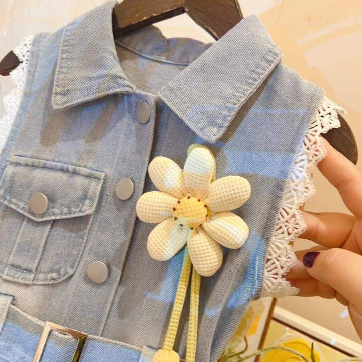 Váy Jean Liền Bé Gái Mùa Hè Thiết Kế Phối Ren