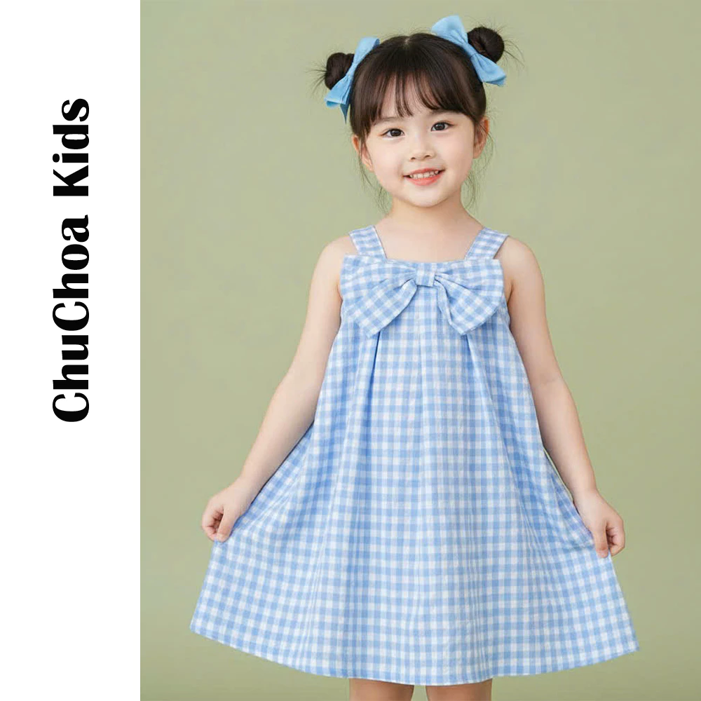 Đầm tiểu thư họa tiết ô vuông cổ điển cho bé gái