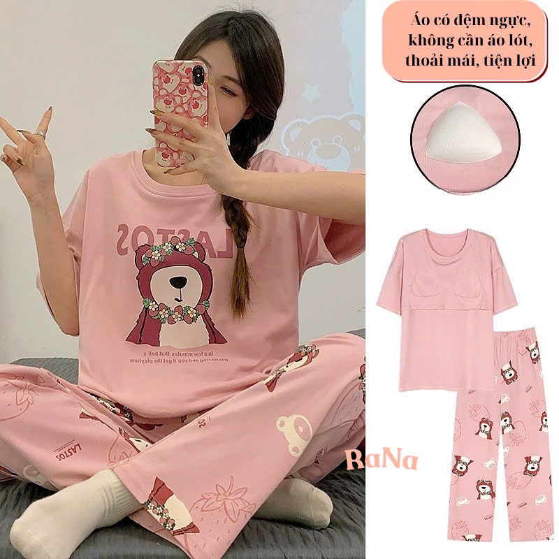Bộ quần dài cổ tròn cho nữ mặc nhà RaNa vải cotton bông tự nhiên áo có sẵn đệm ngực có thể điều chỉnh theo kích cỡ