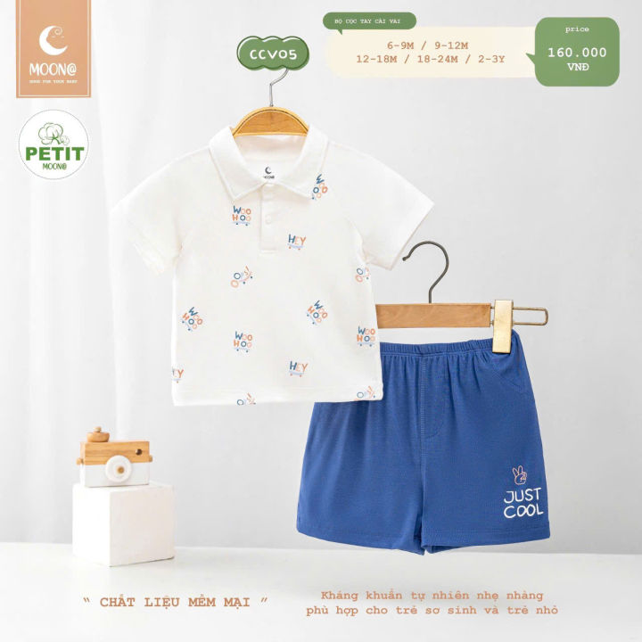 Bộ quần áo cộc tay có cổ cho bé MOON chất petit mềm mịn