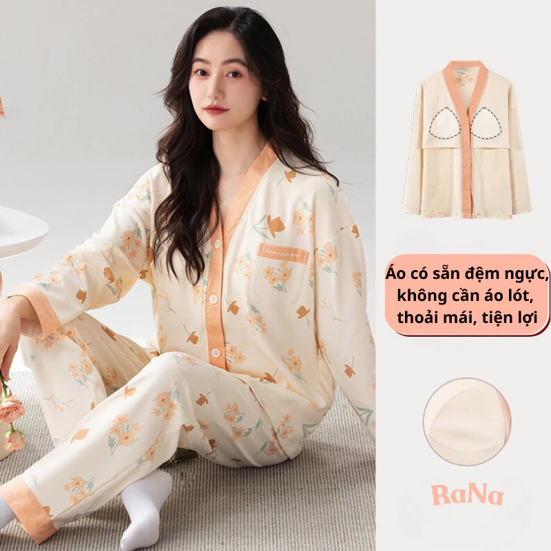Đồ bộ mặc nhà có may sẵn mút ngực bộ đồ ngủ dài tay cotton thấm hút có giãn có thể mặc đi ra ngoài RaNa