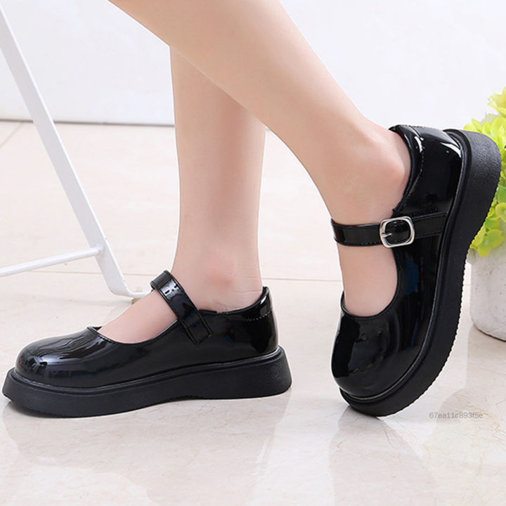 Phong cách Hàn Quốc Giày học sinh màu đen đơn giản cho bé gái Da bóng Đế mềm Giày trẻ em chống trơn trượt thoải mái 3-18 tuổi M-Kiss-VN