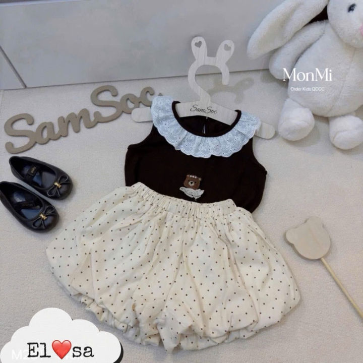 Set Áo Sát Nách Cổ Ren Kèm Quần Chấm Bi Dễ Thương Quần áo bé