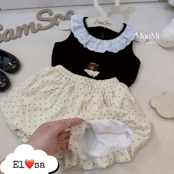 Set Áo Sát Nách Cổ Ren Kèm Quần Chấm Bi Dễ Thương Quần áo bé