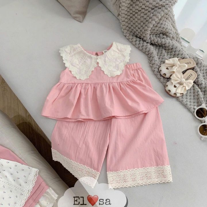 Set Áo Thô Đũi Phối Ren Mix Quần Xuống Dịu Dàng Cho Bé