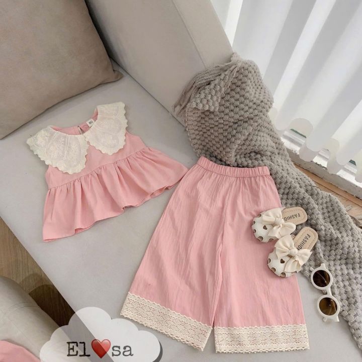 Set Áo Thô Đũi Phối Ren Mix Quần Xuống Dịu Dàng Cho Bé