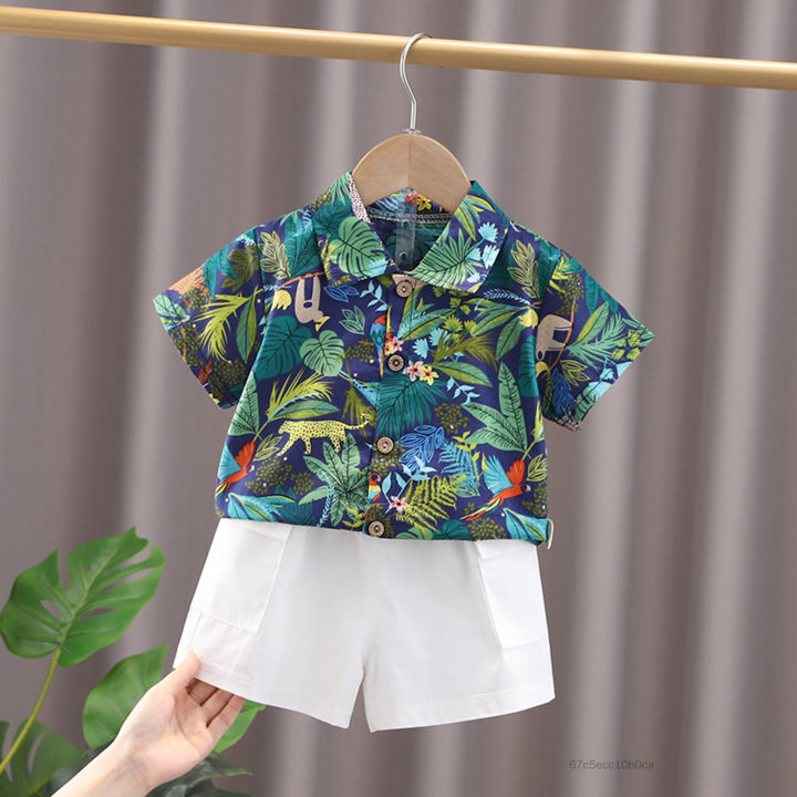 Trẻ em Quần áo cotton Mùa hè bé trai Khủng long Mô hình O-Neck T Áo sơ mi Denim Shorts 2 cái / Set Trẻ sơ sinh Bộ đồ thể thao 0-5 tuổi FK-VN