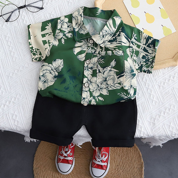 Trẻ em Quần áo cotton Mùa hè bé trai Khủng long Mô hình O-Neck T Áo sơ mi Denim Shorts 2 cái / Set Trẻ sơ sinh Bộ đồ thể thao 0-5 tuổi FK-VN