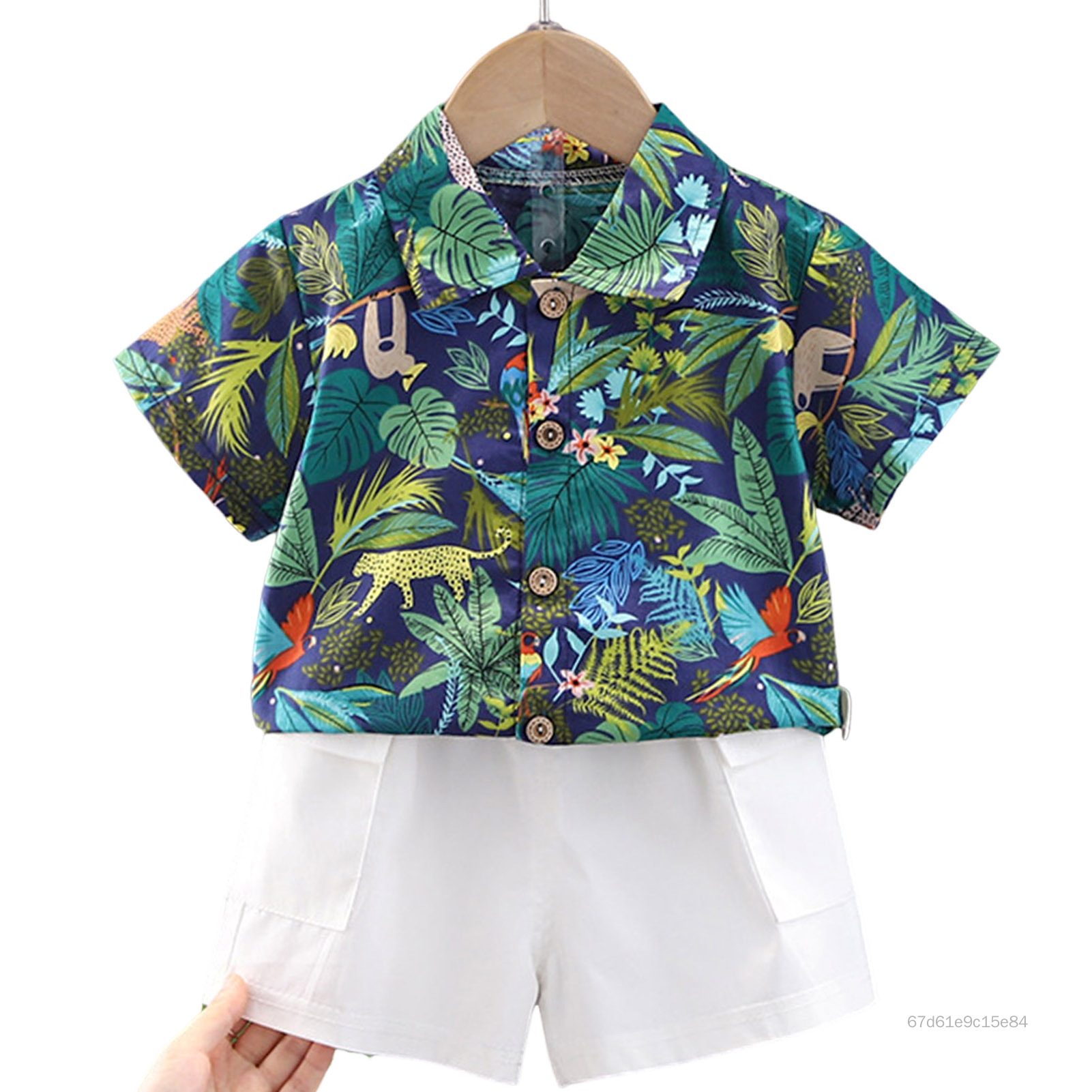 Trẻ em Quần áo cotton Mùa hè bé trai Khủng long Mô hình O-Neck T Áo sơ mi Denim Shorts 2 cái / Set Trẻ sơ sinh Bộ đồ thể thao 0-5 tuổi TF-Anc-VN