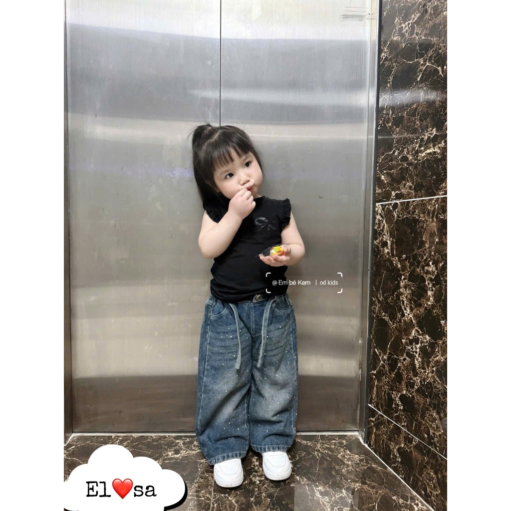 Bộ Jean Bé Gái Áo Thun Thêu Hoa Đính Đá Cao Cấp