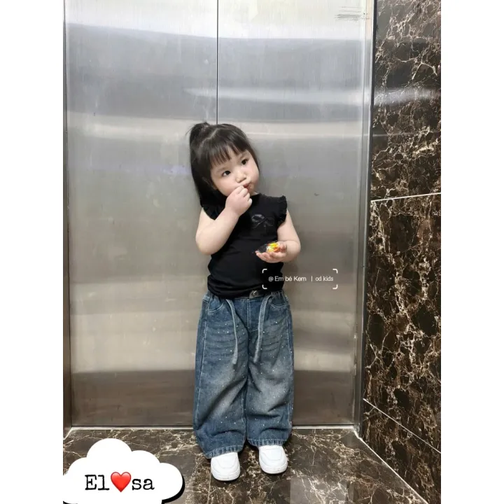 Bộ Jean Bé Gái Áo Thun Thêu Hoa Đính Đá Cao Cấp