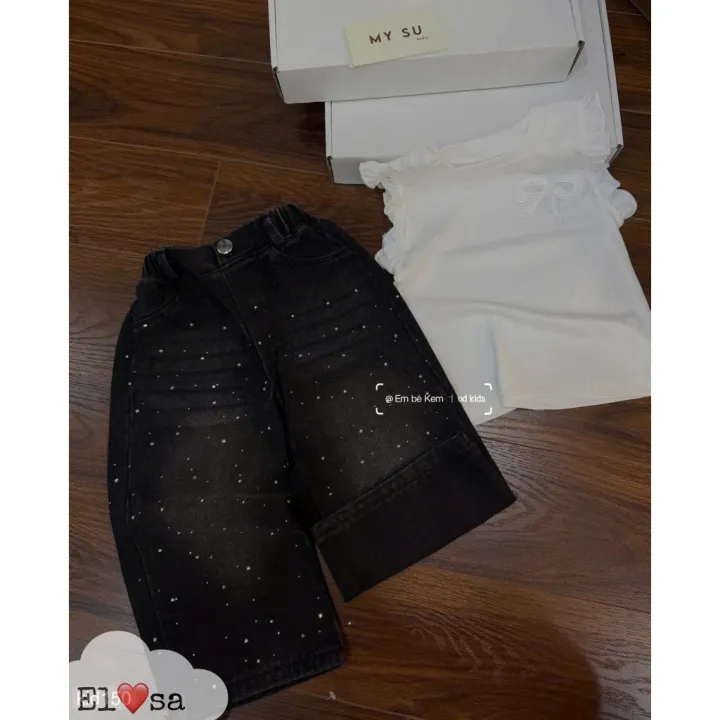 Bộ Jean Bé Gái Áo Thun Thêu Hoa Đính Đá Cao Cấp