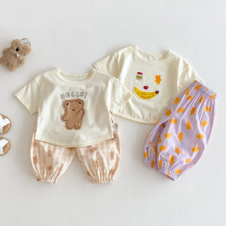 Bộ Đồ Trẻ Em Phong Cách Hàn Quốc Áo Phông Bé Trai Gấu Mùa Hè Mẫu Mới 2025 Áo Phông Bé Gái Vải Dán Hoạt Hình Quần Âu Bộ Hai Chiếc