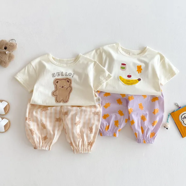 Bộ Đồ Trẻ Em Phong Cách Hàn Quốc Áo Phông Bé Trai Gấu Mùa Hè Mẫu Mới 2025 Áo Phông Bé Gái Vải Dán Hoạt Hình Quần Âu Bộ Hai Chiếc
