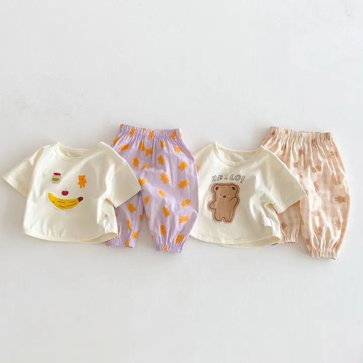 Bộ Đồ Trẻ Em Phong Cách Hàn Quốc Áo Phông Bé Trai Gấu Mùa Hè Mẫu Mới 2025 Áo Phông Bé Gái Vải Dán Hoạt Hình Quần Âu Bộ Hai Chiếc