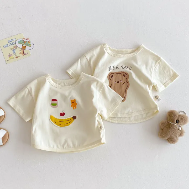 Bộ Đồ Trẻ Em Phong Cách Hàn Quốc Áo Phông Bé Trai Gấu Mùa Hè Mẫu Mới 2025 Áo Phông Bé Gái Vải Dán Hoạt Hình Quần Âu Bộ Hai Chiếc