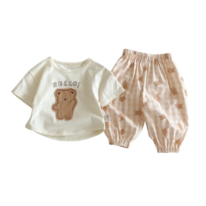 Bộ Đồ Trẻ Em Phong Cách Hàn Quốc Áo Phông Bé Trai Gấu Mùa Hè Mẫu Mới 2025 Áo Phông Bé Gái Vải Dán Hoạt Hình Quần Âu Bộ Hai Chiếc