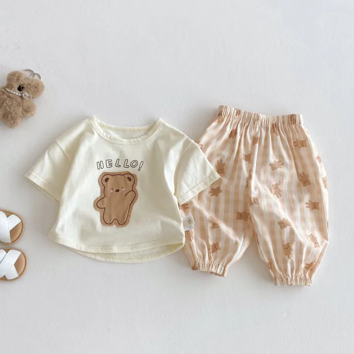 Bộ Đồ Trẻ Em Phong Cách Hàn Quốc Áo Phông Bé Trai Gấu Mùa Hè Mẫu Mới 2025 Áo Phông Bé Gái Vải Dán Hoạt Hình Quần Âu Bộ Hai Chiếc