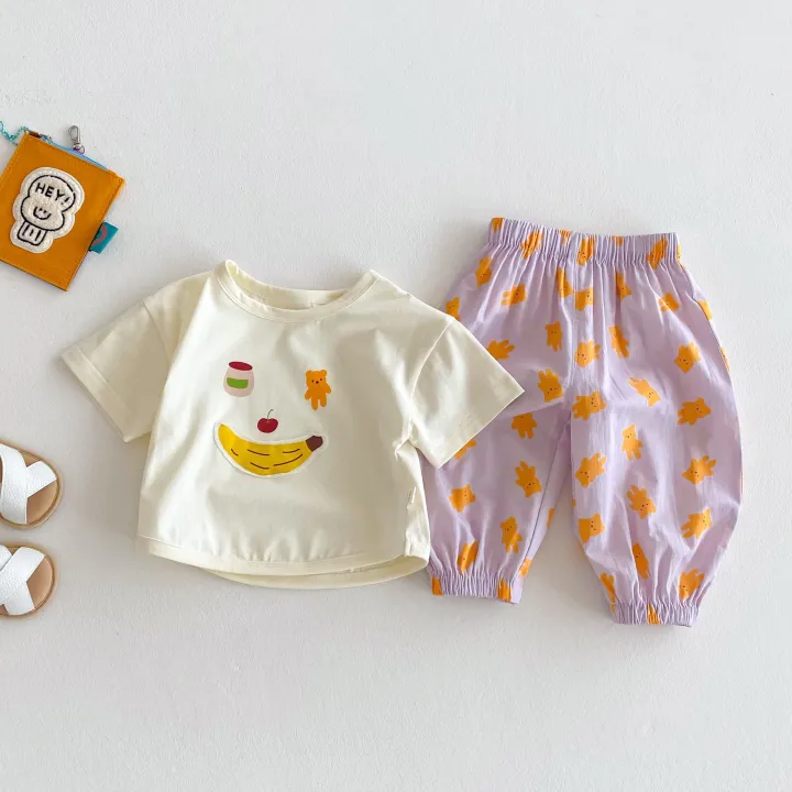Bộ Đồ Trẻ Em Phong Cách Hàn Quốc Áo Phông Bé Trai Gấu Mùa Hè Mẫu Mới 2025 Áo Phông Bé Gái Vải Dán Hoạt Hình Quần Âu Bộ Hai Chiếc
