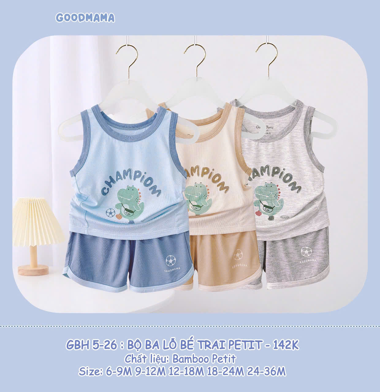 Bộ ba lỗ bé trai Goodmama vải petit thoáng mát