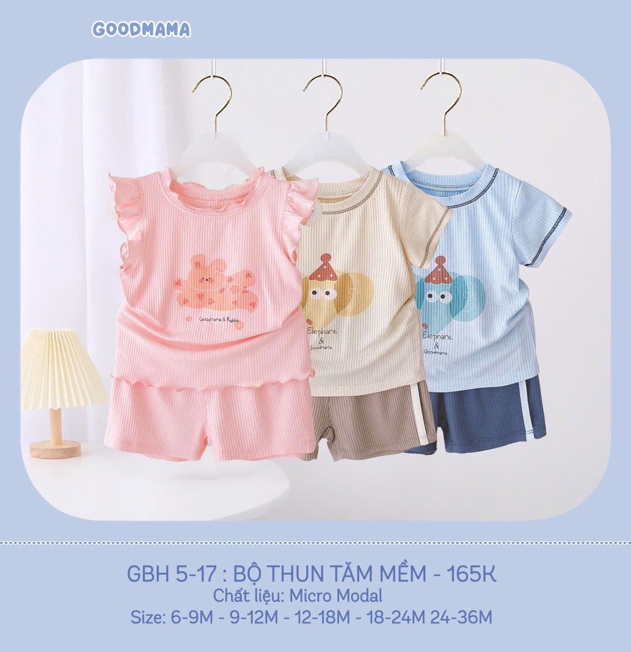 GOODMAMA - Bộ quần áo cộc tay thun tăm mềm mại cho bé
