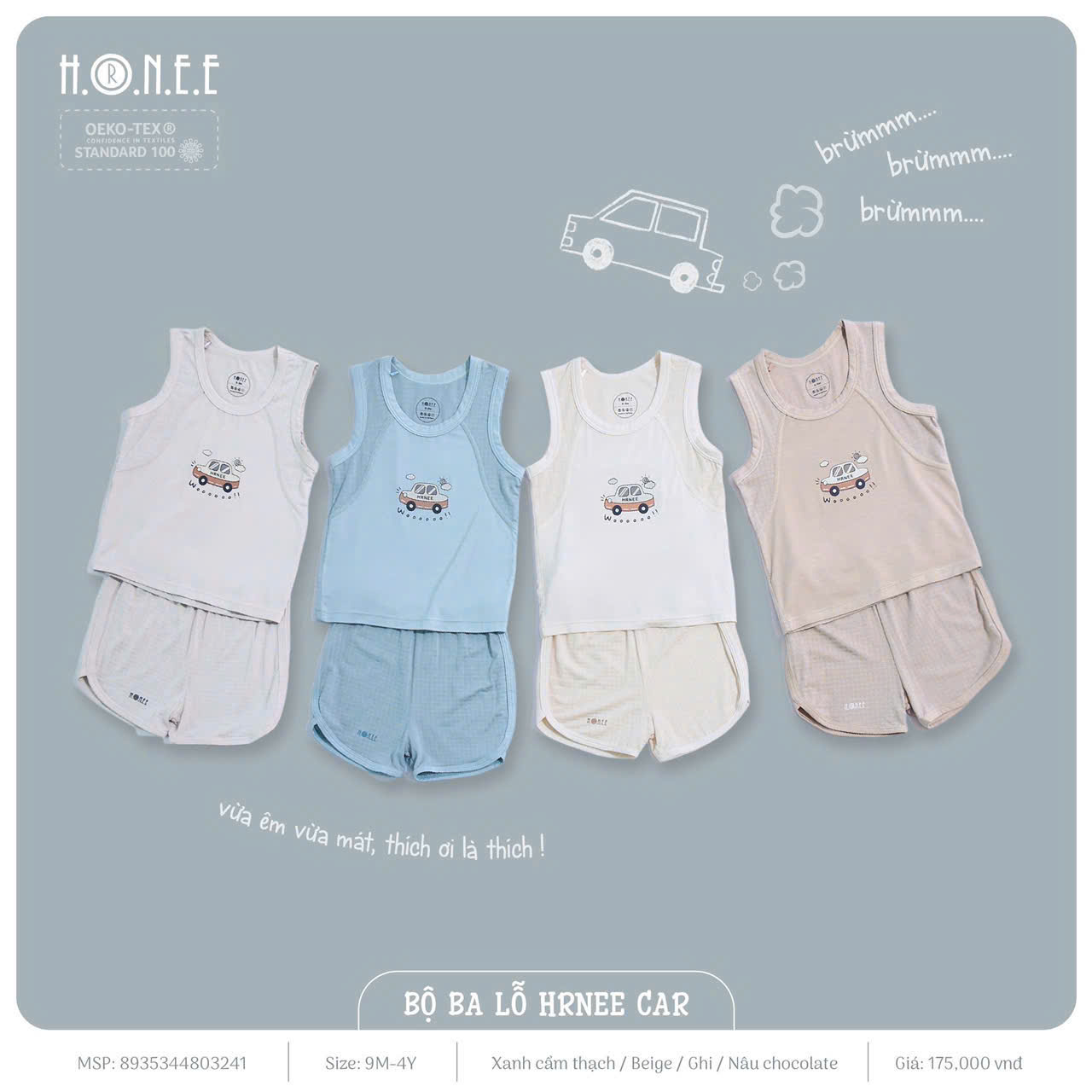 Bộ ba lỗ họa tiết xe hơi Hrnee năng động cho bé trai