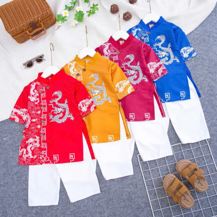 Áo Dài TẾT bé trai  (QUẦN TRẮNG) áo dài Tết IN Họa Tiết từ 8 tới 18kg-giao màu và mẫu in ngẫu nhiên·