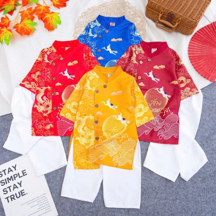 Áo Dài TẾT bé trai  (QUẦN TRẮNG) áo dài Tết IN Họa Tiết từ 8 tới 18kg-giao màu và mẫu in ngẫu nhiên·